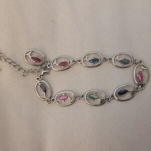 Elegant Silver Bracelet with Multicolor Dolphin Stones
